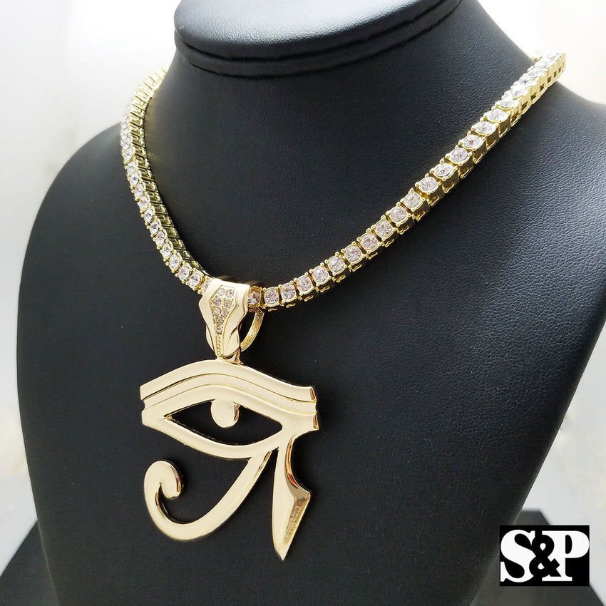 Hip Hop Egyptian Eye of Horus & 18" 1 ROW DIAMOND Tennis Choker Chain Necklace