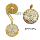 Iced out QC Spinning Medal Pendant 24" Box Cuban Rope Chain Hip Hop Necklace