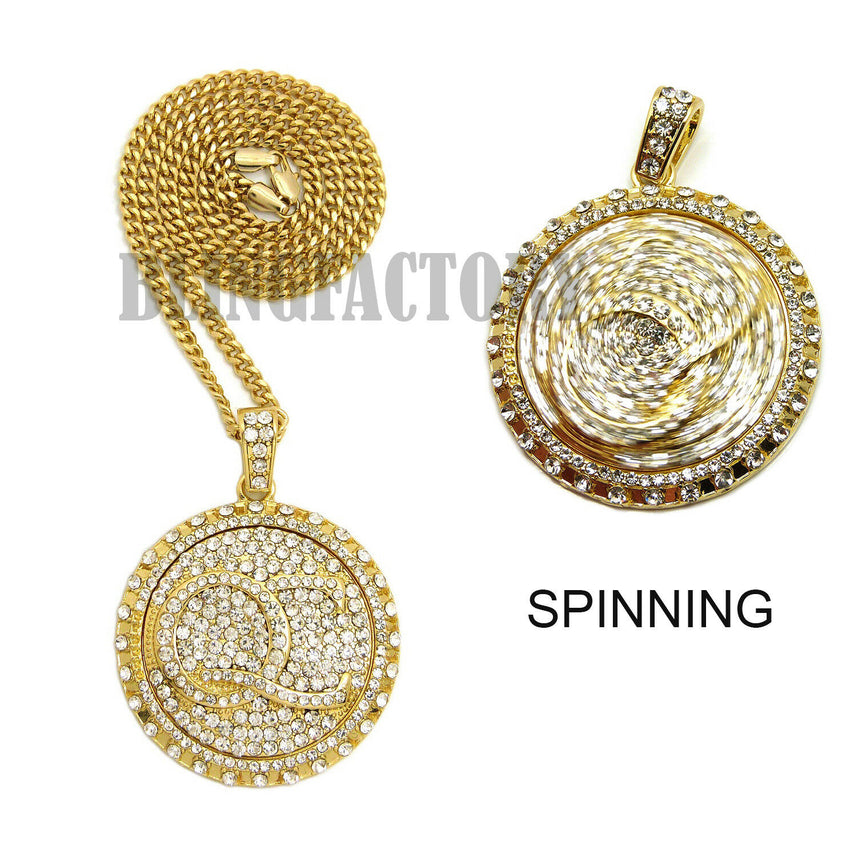 Iced out QC Spinning Medal Pendant 24" Box Cuban Rope Chain Hip Hop Necklace
