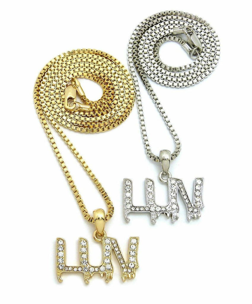 ICED OUT RAPPER'S MINI LUV PENDANT & 20", 24" BOX CHAIN HIP HOP NECKLACE SET