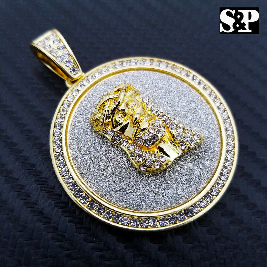 HIP HOP ICED OUT LAB DIAMOND GOLD PLATED JESUS FACE MEDALLION PENDANT