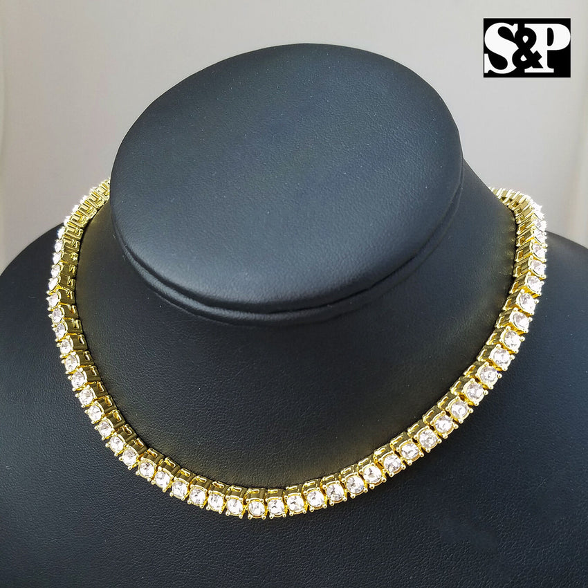 Hip Hop Iced out Brass Bubble Letter "S" & 18" 1 Row Tennis Choker Chain Necklace