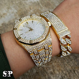 MEN'S HIP HOP GOLD PT MIGOS LAB DIAMOND WATCH & FULL ICED BRACELET COMBO SET