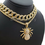 Hip Hop Spider Pendant & 18" Full Iced Cuban & 1 ROW Tennis Choker Chain Set