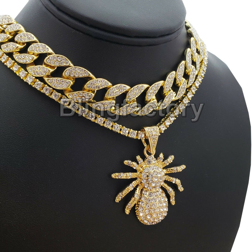 Hip Hop Spider Pendant & 18" Full Iced Cuban & 1 ROW Tennis Choker Chain Set