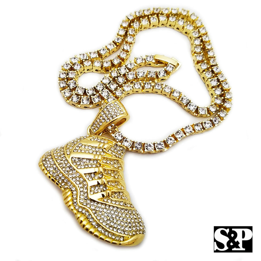 Men 14K Gold Plated Hip Hop Gold Retro 11 Shoe Pendant & 1 Row 18" Tennis Chain
