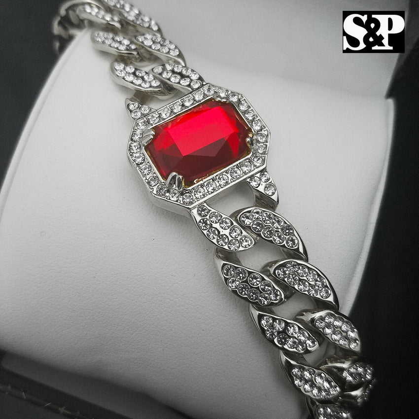 White Gold PT Red Ruby 15mm 8.5" Miami Cuban CZ Full Iced Out Rapper Bracelet