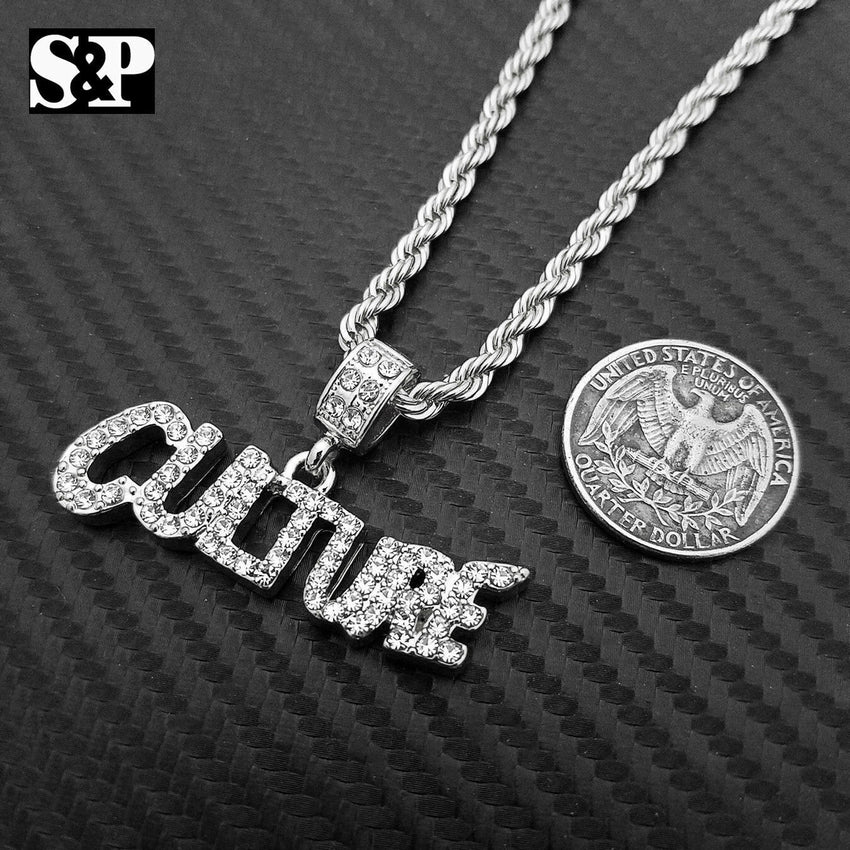 Hip Hop Migos Iced out CULTURE, YRN Pendants & Box, Rope Chain 2 Necklace set