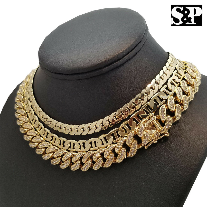 Hip Hop Gold plated Quavo 20" Choker Cuban, Gucci 3 Choker Chain Necklace Combo Set