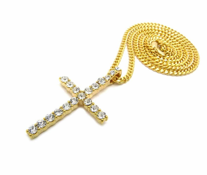 Iced Out Fashion CZ Cross Pendant & 24" BOX, CUBAN, ROPE Chain Hip Hop Necklace