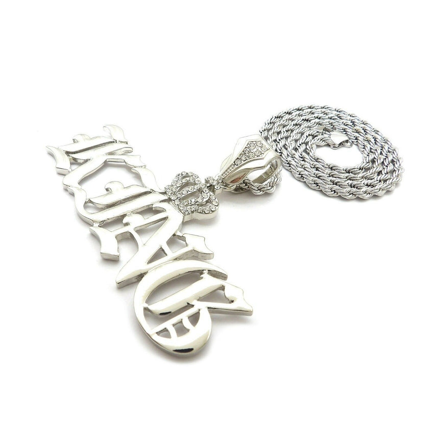 HIP HOP ICED OUT SILVER PT CROWNED KING PENDANT & 4mm 24" ROPE CHAIN NECKLACE