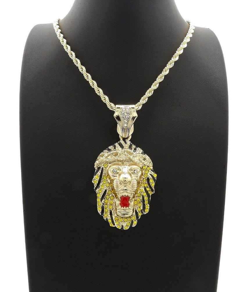 HIP HOP ICED OUT 14K GOLD PLATED LION HEAD PENDANT & 4mm 24" ROPE CHAIN NECKLACE