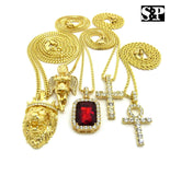 Hip Hop Iced Out Ankh, Cross, Red Ruby, Angel, Lion Head Pendant 5 Necklace Set