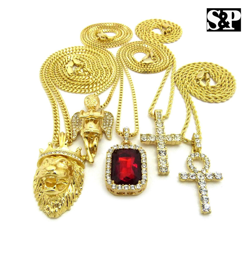 Hip Hop Iced Out Ankh, Cross, Red Ruby, Angel, Lion Head Pendant 5 Necklace Set