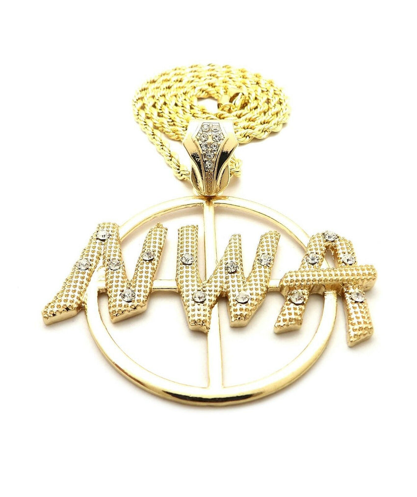 HIP HOP ICED 14K GOLD PLATED NWA PENDANT & 4mm 24" ROPE CHAIN NECKLACE