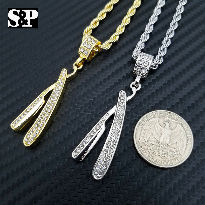 Iced out Fashion Barber Shop Razor Blade Pendant & 4mm 24" Rope Chain Necklace