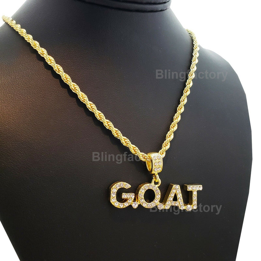 Hip Hop Iced out Lab Diamond G.O.A.T Pendant & 4mm 24" Rope Chain Necklace