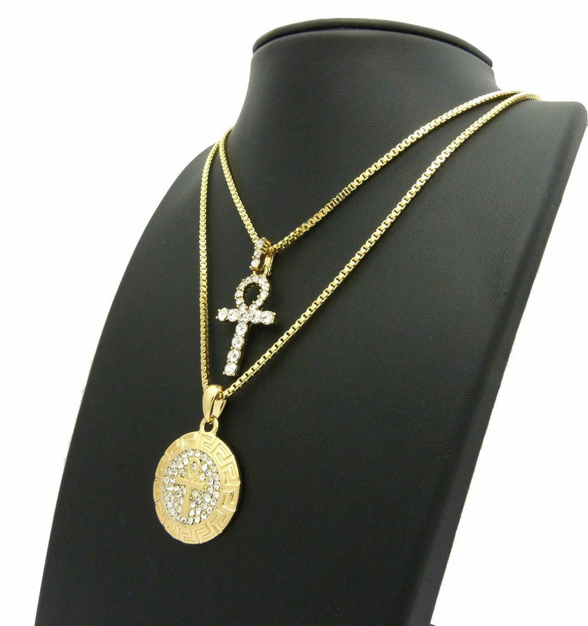 Iced Out Egypt Breath of Life Ankh Pendant w/ 24",30" Box Chain 2 Necklace Set