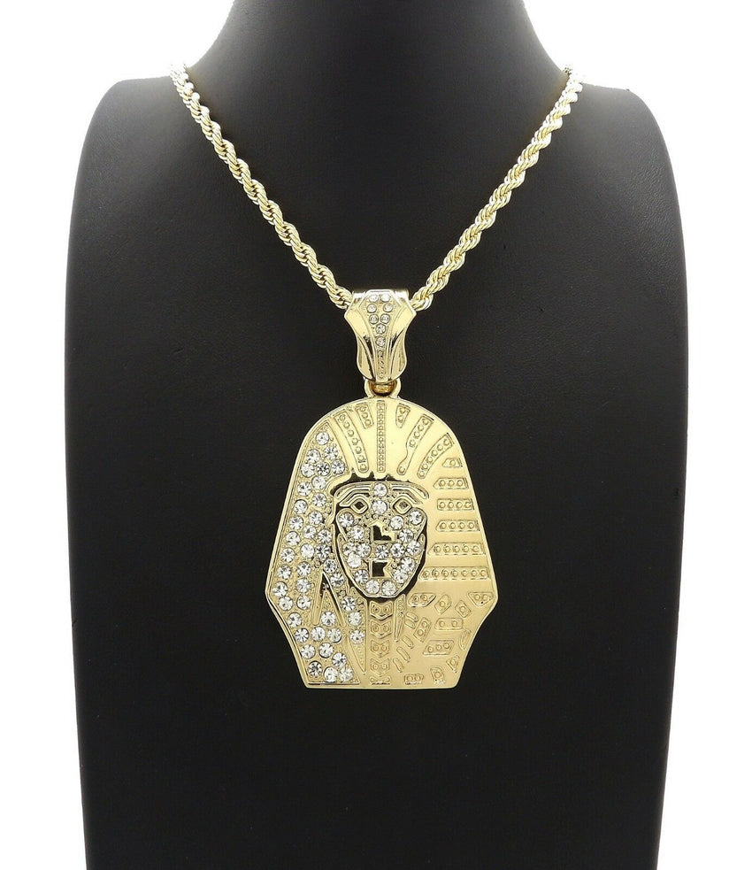HIP HOP ICED OUT GOLD PT EGYPTIAN PHARAOH PENDANT & 4mm 24" ROPE CHAIN NECKLACE