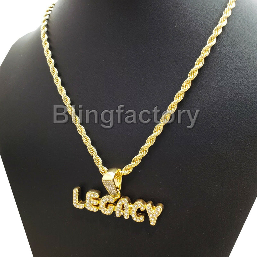Hip Hop Iced out Lab Diamond LEGACY Pendant & 4mm 24" Rope Chain Necklace