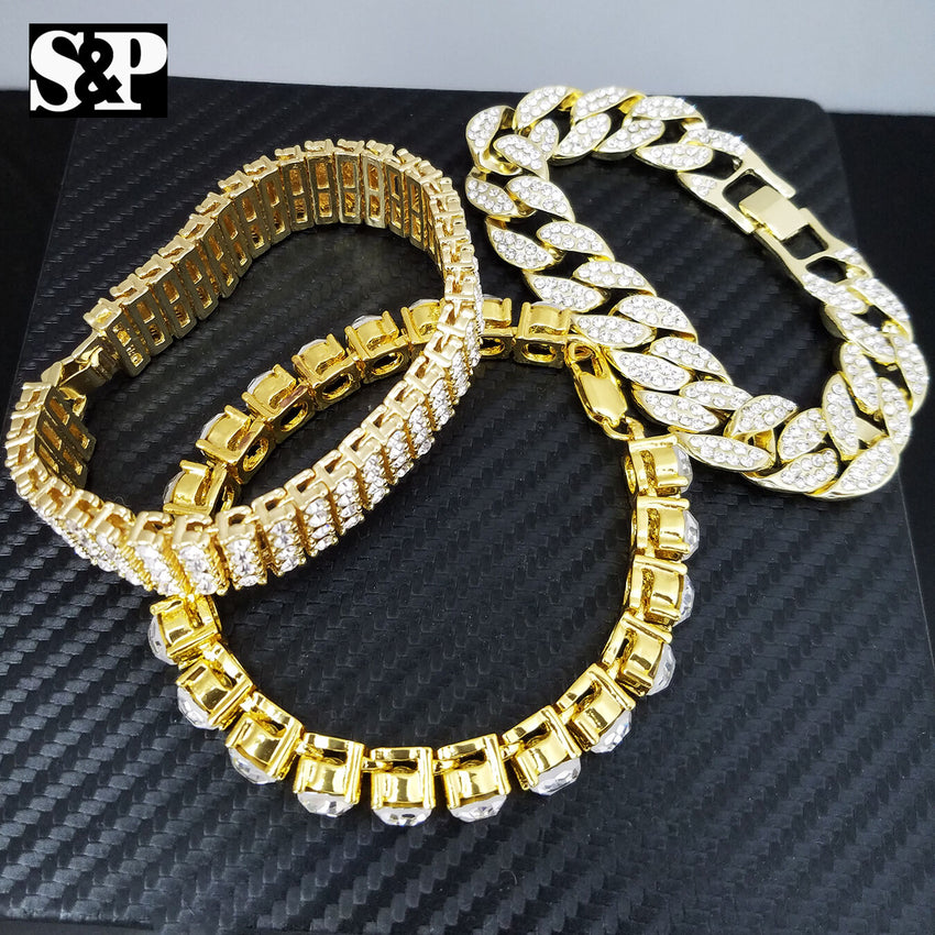 MEN'S HIP HOP QUAVO 1 & 4 ROW TENNIS, FULL ICED CUBAN CHAIN BRACELET COMBO SET