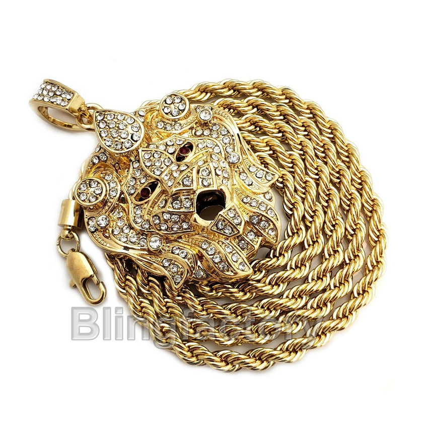 Hip Hop Iced Out Lion Head Lab Diamond Pendant & 5mm 30" Rope Chain Necklace