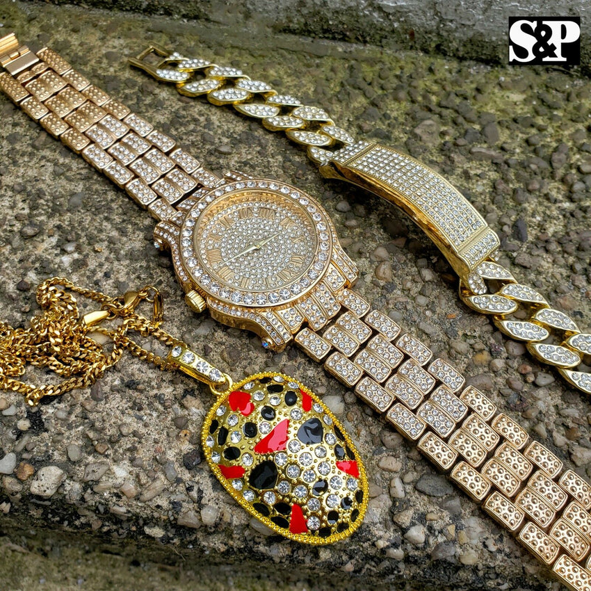 HIP HOP SLAUGHTER GANG LAB DIAMOND NECKLACE & WATCH & MIAMI CUBAN BRACELET SET