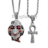 Iced Out Saw Inspired & Ankh Cross Pendant & 20" 24" Rope, Cuban Chain Necklace Set