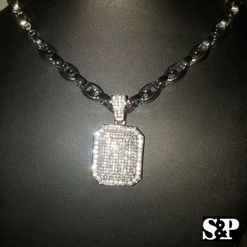 Hip Hop Iced out Silver PT Lab Diamond Square Pendant & 24" Gucci Chain Necklace