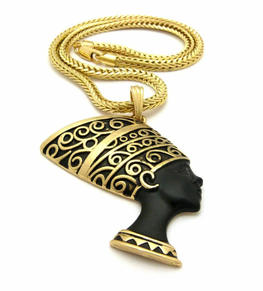 NEW CELEBRITY EGYPTIAN NEFERTITI PENDANT & 4mm 18" FRANCO CHAIN HIP HOP NECKLACE