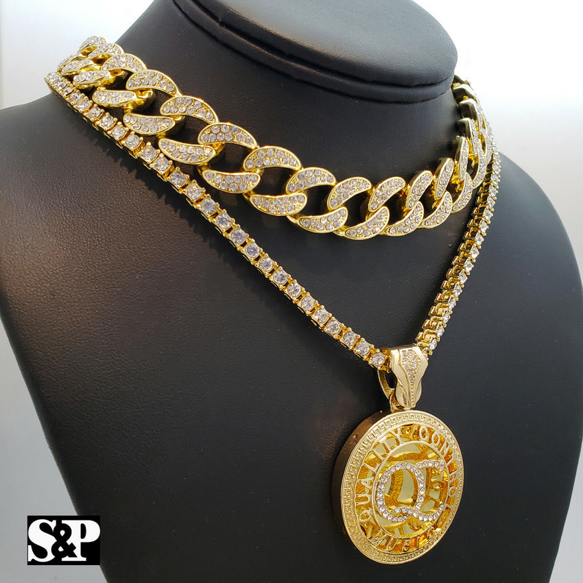 Hip Hop QC ROUND Pendant w 18 Full Iced Cuban 1 ROW DIAMOND Choker