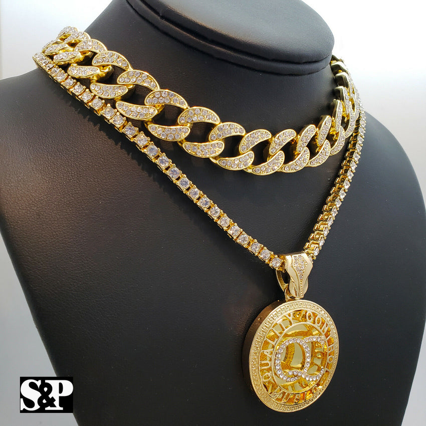 Hip Hop QC ROUND Pendant w/ 18" Full Iced Cuban & 1 ROW DIAMOND Choker Chain Set