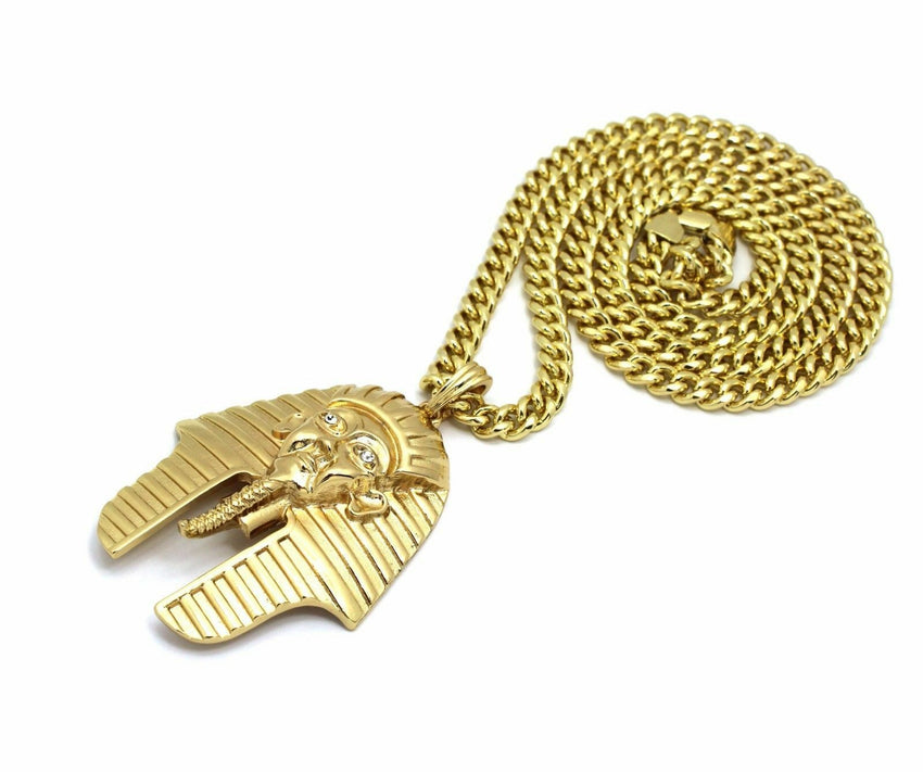 14K Gold PT Egyptian Pharaoh King Tut Pendant W/ 6mm 30" Cuban Chain Necklace