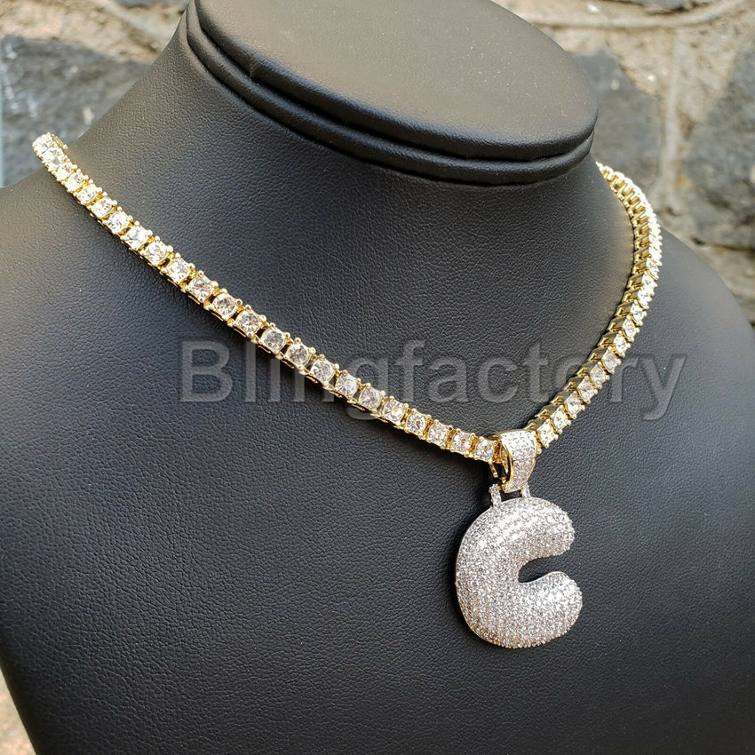 Hip Hop Bubble Letter "C" Brass Pendant & 18" 1 Row Tennis Choker Chain Necklace