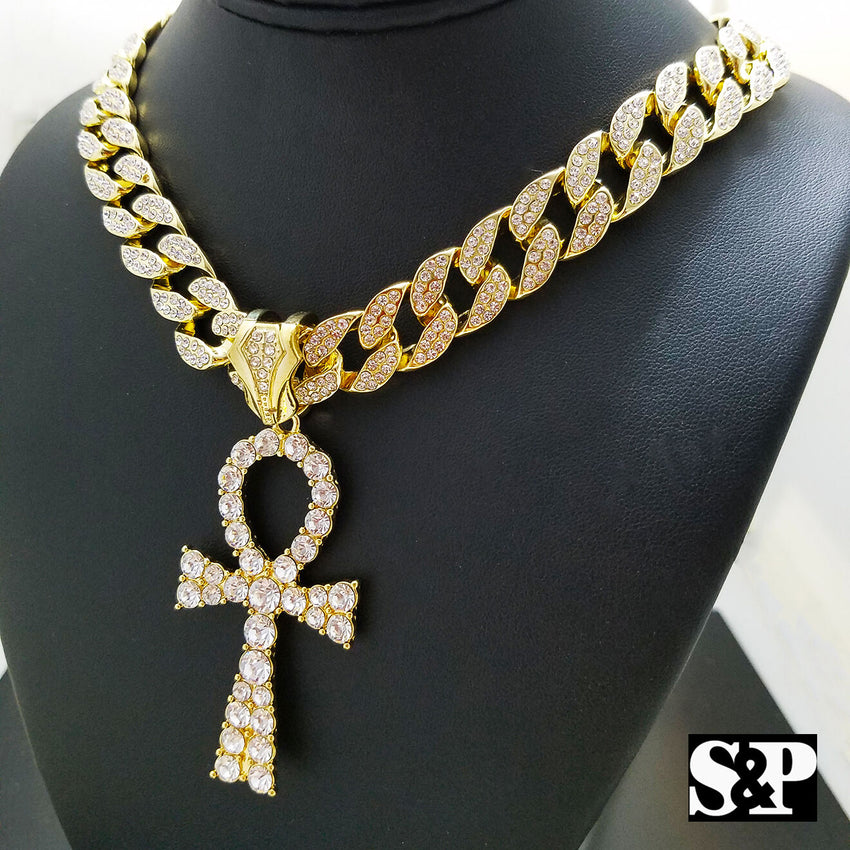 Hip Hop Egyptian Ankh Pendant & 15mm 18" Iced Out Cuban Choker Chain Necklace