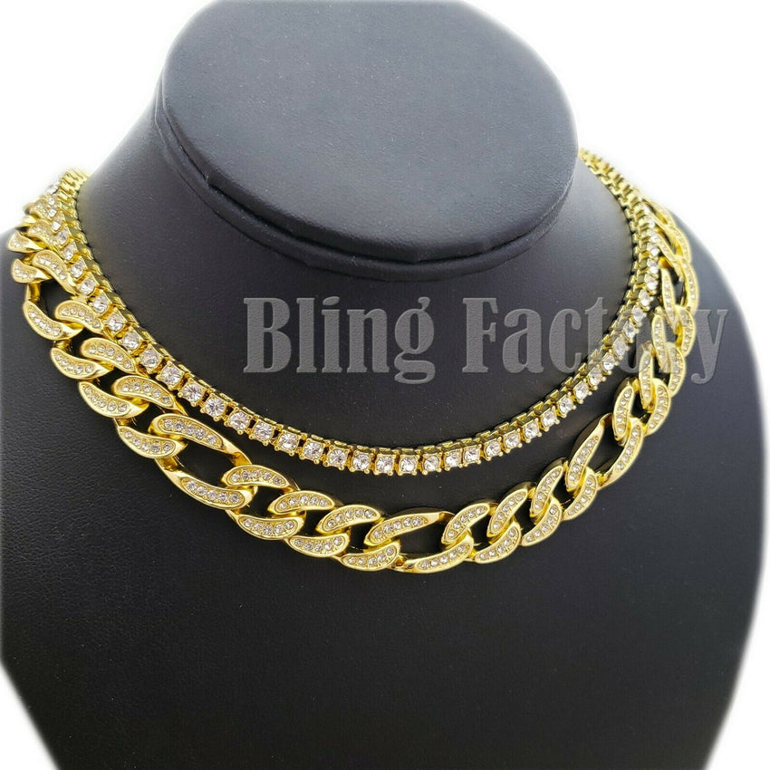 Hip Hop Iced out Gold plated 18" Figaro & 1 Row CZ Tennis Choker Chain Necklace set