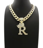 Hip Hop Crowned Alphabet Initial Pendant & 11mm 18" Cuban Choker Chain Necklace
