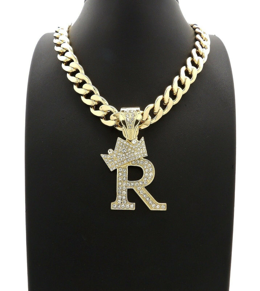 Hip Hop Crowned Alphabet Initial Pendant & 11mm 18" Cuban Choker Chain Necklace