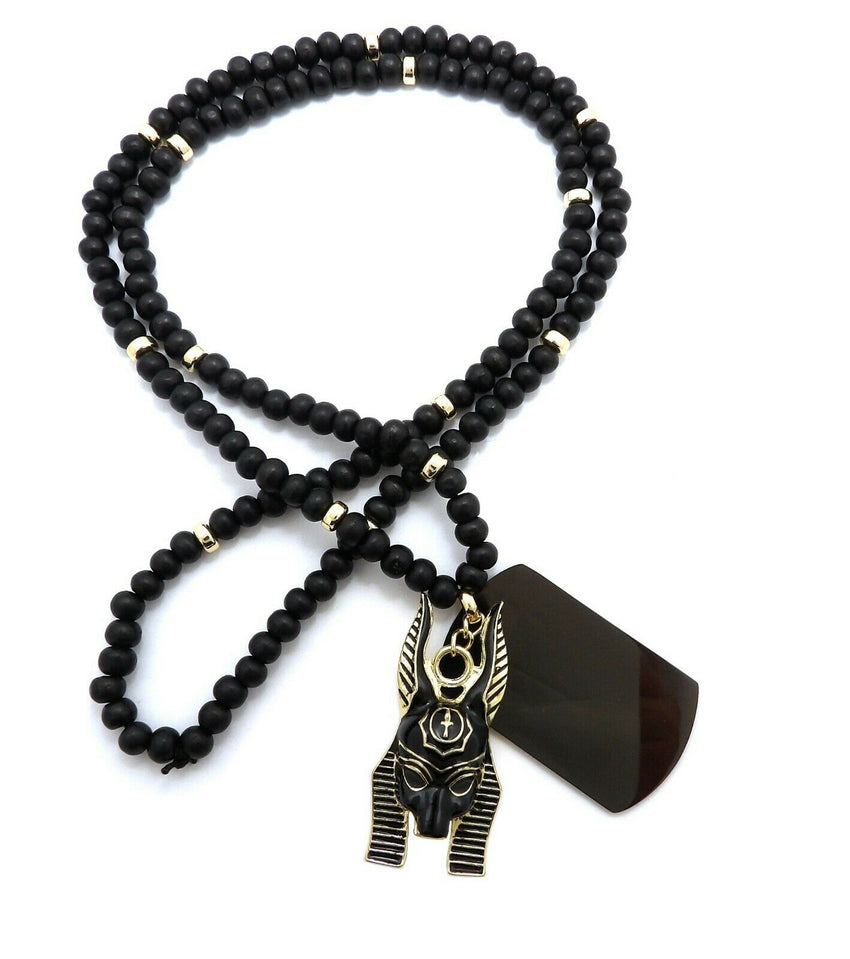 Hip Hop Egyptian Anubis & Dog Tag Pendant & 6mm 30" Wooden Bead Necklace