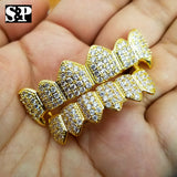 Gold Plated BRASS Hip Hop Iced Gold Tone Teeth Grillz Fang Top & Bottom Set