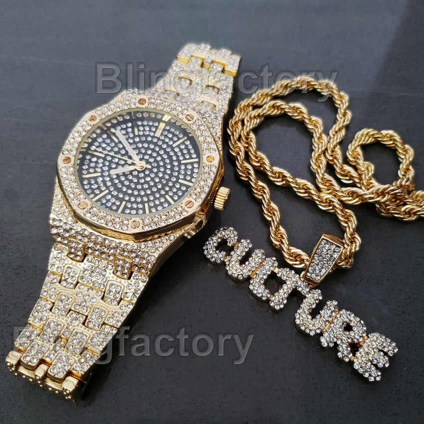 LUXURY MIGOS ICED OUT GOLD PLATED LAB DIAMOND WATCH & CULTURE NECKLACE SET