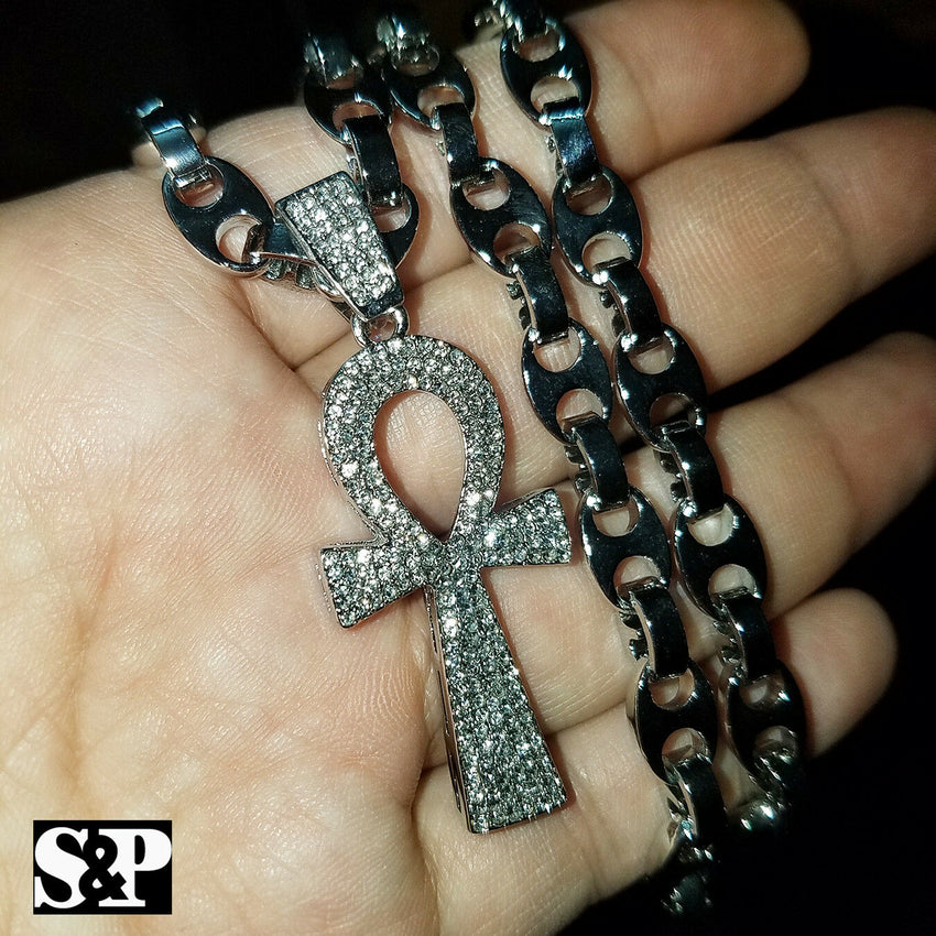 Hip Hop Iced out Lab Diamond Ankh Cross Pendant & 8mm 24" Gucci Chain Necklace