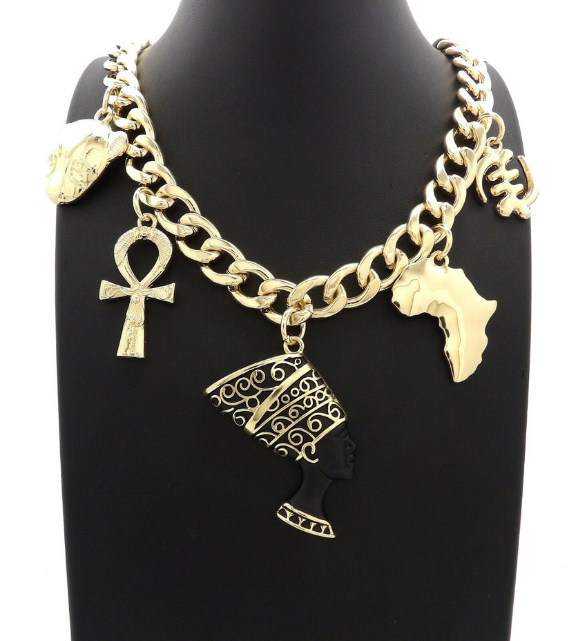 PYRAMID, NEFERTITI, ANKH, AFRICA, GYE NYAM, SEKHMET & 11mm 18" Cuban Link Chain