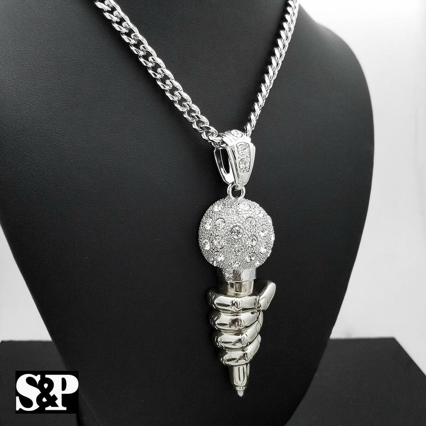 Iced Out Silver Tone MIC Hand Pendant & 6mm 30" Cuban Chain Hip Hop Necklace