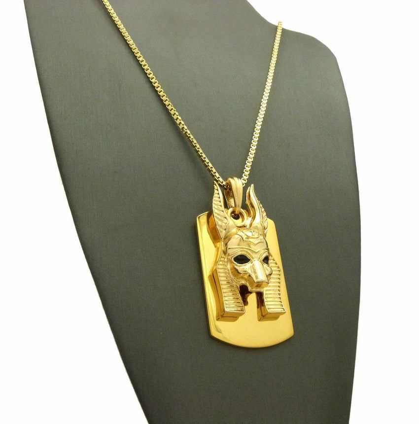 NEW GOLD PT ANUBIS HEAD DOG TAG PENDANT & 2mm 24" BOX CHAIN HIP HOP NECKLACE