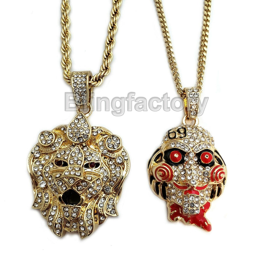Iced out Saw Inspired & Lion Head Pendant & 24" 30" Rope, Cuban Chain Necklace Set