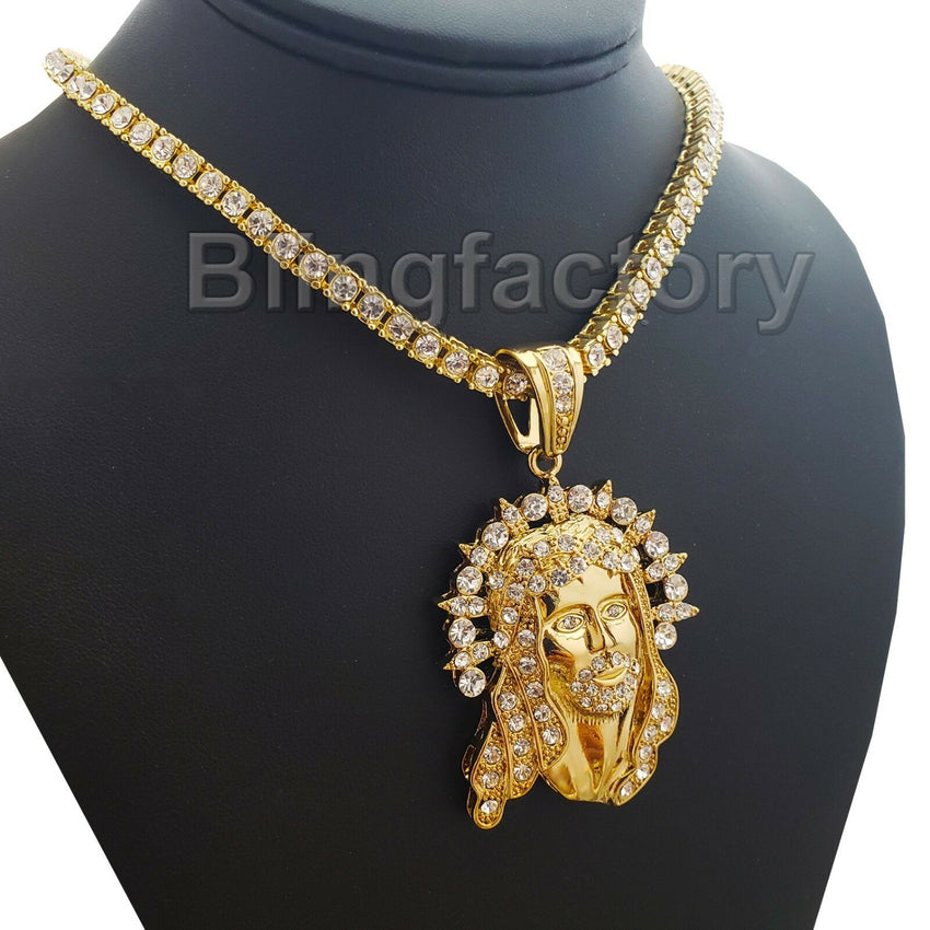 Iced out Hip Hop Gold PT Jesus Pendant & 18" 1 ROW Tennis Choker Chain Necklace