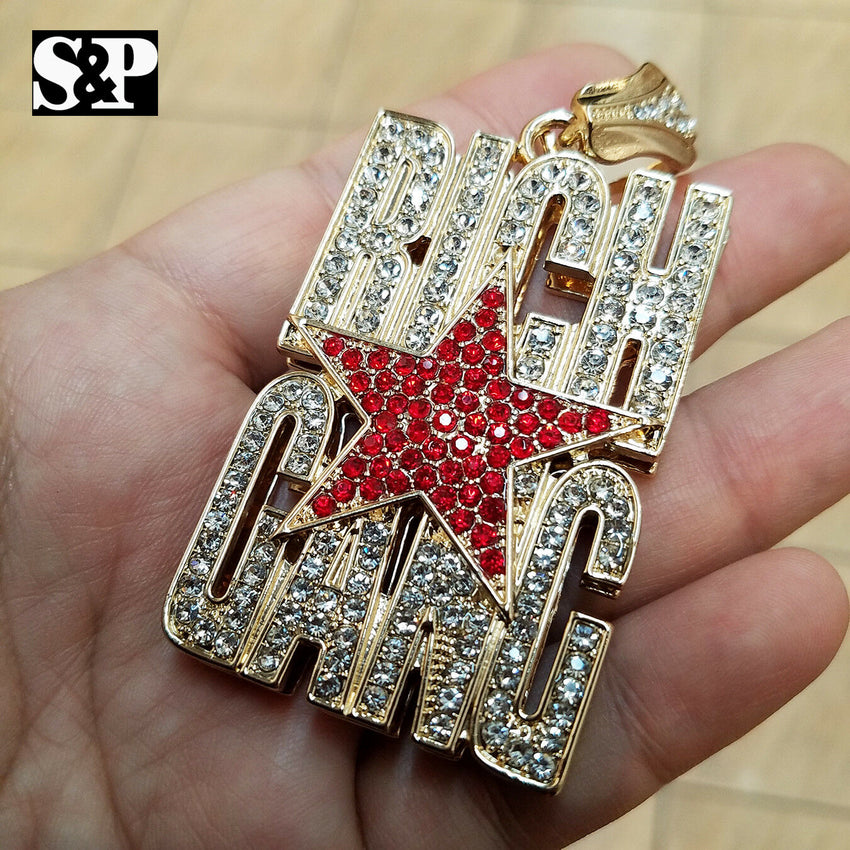 HIP HOP ICED OUT GOLD PLATED LAB DIAMOND RICH GANG LARGE PENDANT