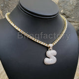 Hip Hop Iced out Brass Bubble Letter "S" & 18" 1 Row Tennis Choker Chain Necklace