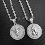 Hip Hop Iced Out Baby Angel & Praying Hands Pendant & 24" Rope Chain Necklace